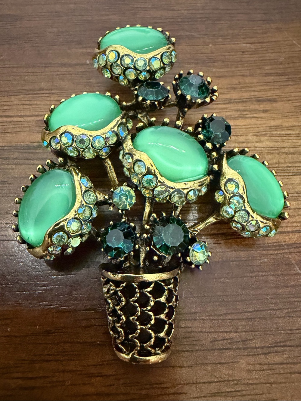 Vintage Retro Faux Green Opal Cat’s Eye Flower Pot Potted Plant Brooch Pin